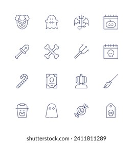 Halloween icon set. Thin line icon. Editable stroke. Containing clown, halloween candy, halloween, evil, trident, pumpkin, sweet, ghost, calendar, bones, magic broom, book, label.