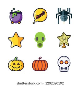 halloween icon set. vector set about skull, spider, cauldron and star icons set.