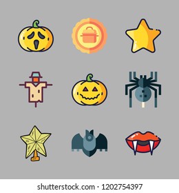 halloween icon set. vector set about scarecrow, spider, pumpkin and bat icons set.