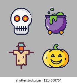 halloween icon set. vector set about skull, pumpkin, scarecrow and cauldron icons set.