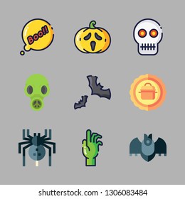 halloween icon set. vector set about bat, pumpkin, star and gas mask icons set.