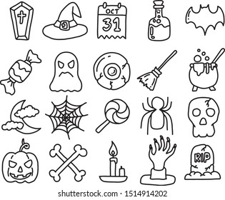Halloween icon set vector illustration sketch doodle hand drawn with black lines isolated