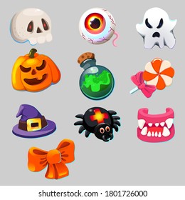 Halloween icon set vector illustration isolated, eye, pumpkin, bow, candy, Ghost