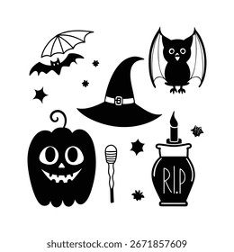 Halloween icon set. Vector illustration in black and white colors.