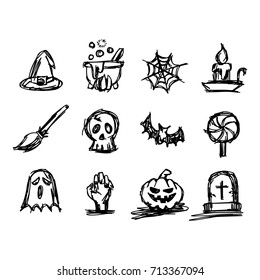 Halloween icon set vector illustration sketch hand drawn with black lines, isolated on white background