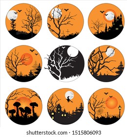 Halloween icon set. Vector logos of black silhouettes in a circle on an orange background. For printout, sticker stickers, posters.