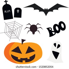 Halloween icon set vector. Pumpkin, bat, spider, web, graveyard