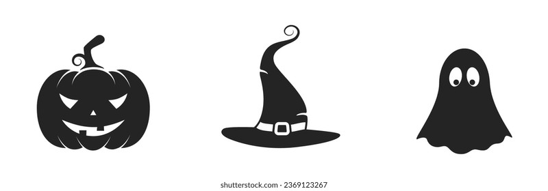 conjunto de ícones halloween. chapéu bruxa, jack o lanterna e símbolo fantasma. imagens vetoriais isoladas em estilo simples