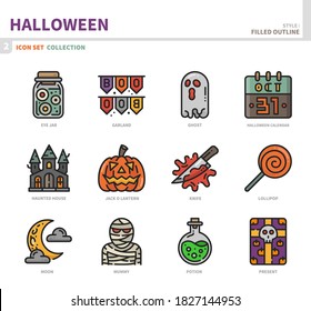conjunto de iconos de halloween, estilo de contorno relleno, conjunto de vectores e ilustraciones 2