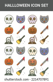 Halloween icon set.Vector icons collection.vector icon pack including: skull, cat, pupmkin, brum, knife, scythe, death.