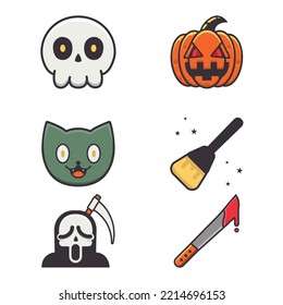 Halloween icon set.Veector icon collection.Skull, cat, pumpkin, brum, knife, death, scythe.