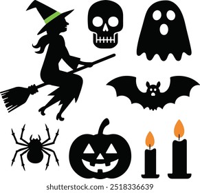 Halloween icon silhouette vector style with white background with pumpkins, witch, skull, ghost, spider and bat. Vector illustration. Isolated on white background.