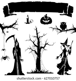 Halloween icon.  Silhouette of witch , spider web , pumpkin,skeleton,candle.Halloween backgrund symbol and element.