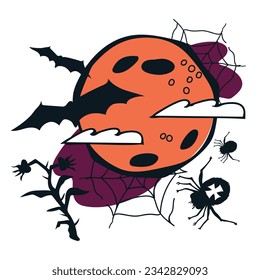 Halloween Ikone oder Aufkleber Design für Feiertage und Nachtparty im Oktober. Halloween-Design-Element mit Mond, Spinne und Fledermäusen, Vektorgrafik einzeln auf weißem Hintergrund.