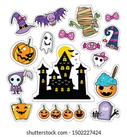 Halloween Icon Sticker Patches Set on White Isolated Background. Vector Illustration eps.10