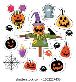 Halloween Icon Sticker Patches Set on White Isolated Background. Vector Illustration eps.10