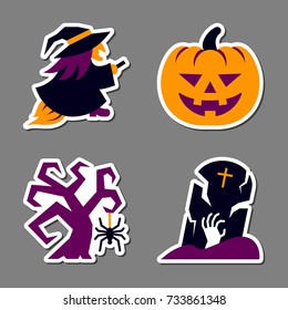 Halloween icon sticker set. Flat style color badges for web, banner, emblem, logo. Isolated element collection for print, tag, label, poster. Patchwork and embroidery design. Vector illustration