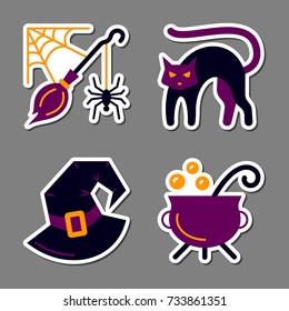 Halloween icon sticker set. Flat style color badges for web, banner, emblem, logo. Isolated element collection for print, tag, label, poster. Patchwork and embroidery design. Vector illustration