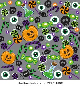 Halloween icon stickers with bat, spider, pumpking and candy on a grey background seamless pattern