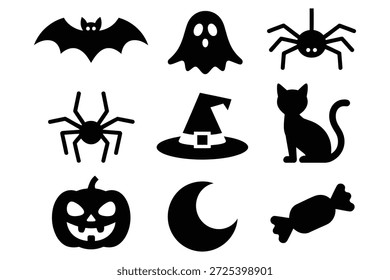 Iconos de Halloween murciélago fantasma araña gato calabaza luna caramelo