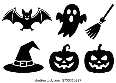 Halloween Icons Fledermaus Geist Hexe Hut Kürbisse Besen