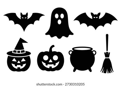 Iconos de Halloween murciélagos calabazas fantasma caldero escoba