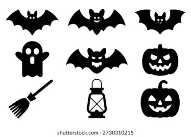Halloween icons bats ghost pumpkins lantern broom jack o lantern
