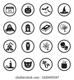 Halloween Icons. Black Flat Design In Circle. Vector Illustration.