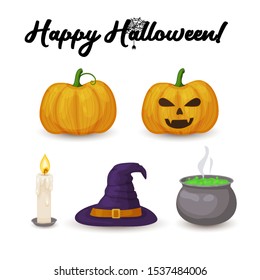 Halloween icons. Cartoon pumpkin, candle, witch hat and boiler with green potion isolated on white background