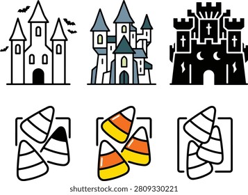Halloween icons with castles and candy on white background