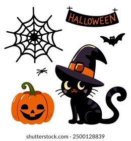 Halloween Icons Collection. Black cat with magic hat, bat, spider web, spider, pumpkin, sign with Halloween text. Vector, isolated on white background