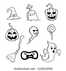 halloween icons collection with doodle or hand drawn style