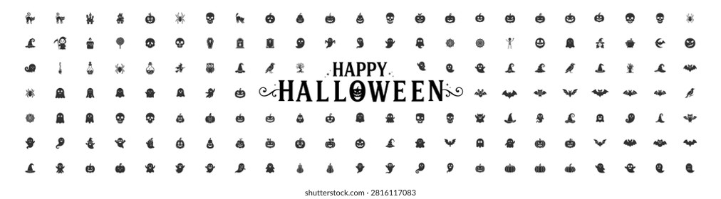 Halloween icons collection with pumpkins ghosts bats witches skulls and Halloween text on transparent background