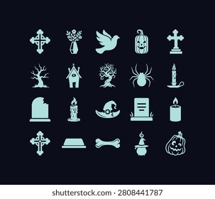 Halloween Icons Collection Teal Flat Pictograms On Dark Background