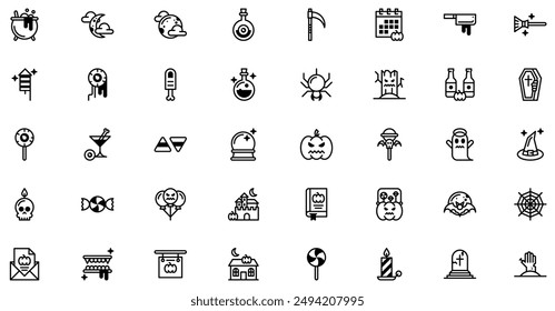 Halloween Icons Kollektion ist eine Vektorillustration mit editierbarem Strich, die Vielseitigkeit und Anpassung bietet. Perfekt für verschiedene Design-Anforderungen, enthält es hochwertige Grafik.