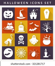 Halloween icons. Collection of white symbols on colored plates. Flat style with long shadows. Vector set.
