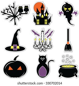 Halloween icons color labels including owl,spooky tree, pumpkin, hunted castle ruins & full moon, chandelier with candles & flying bats, witch hat with buckle, scary cat, boiler and broom 