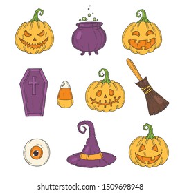 Halloween icons color set. Hand drawn Pumpkin Jack, witch hat, broom, hat, sweets, candy corn, coffin, pot with potion in sketch style