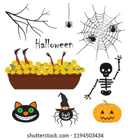 Halloween icons. Halloween Decorations. There is a spider web, a pot with chrysanthemums and witch's feet and hands, spider in witch hat, skeleton, pumpkin, tree branch and black cat in the picture. 