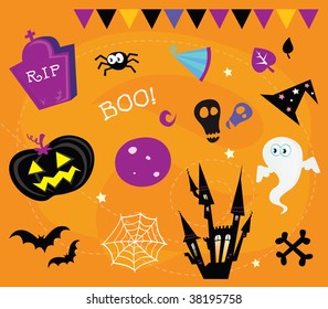 Halloween icons and design elements. Retro halloween icons and graphic elements isolated on orange background. Vector Illustration.