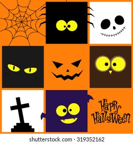 Halloween icons design (pumpkin, ghost, bat, owl, cat, spider, web, tombstone). Vector illustration