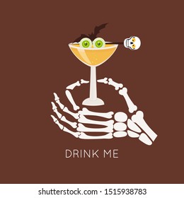 Halloween  icons with different glasses of whiskey, and skeleton hand. Mexican Day of the Dead party invitation Stylish design for menu, prints, poster, invitation, party decoration.