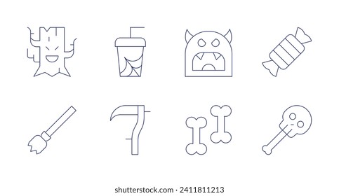 Halloween icons. Editable stroke. Containing halloween candy, ghost tree, flying broom, soda, scythe, monster.