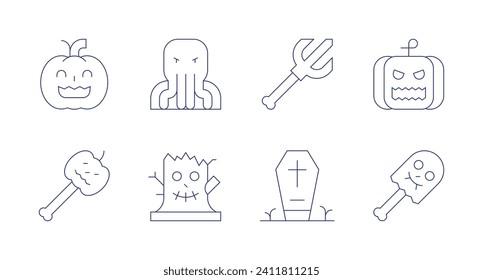 Halloween icons. Editable stroke. Containing halloween candy, monster, tree, trident, coffin, jack o lantern.