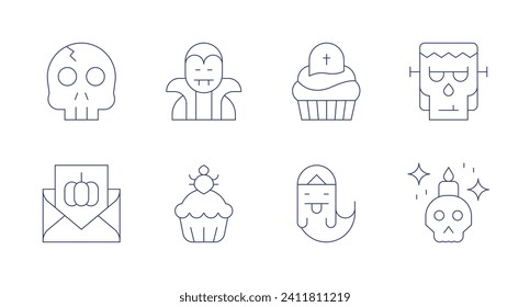 Halloween icons. Editable stroke. Containing halloween party, halloween candy, ghost, vampire, frankenstein, skull, cupcake.