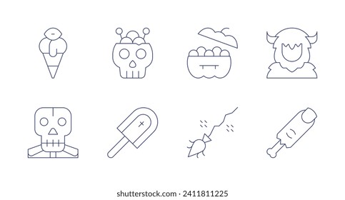 Halloween icons. Editable stroke. Containing skull, halloween candy, candies, yeti, finger, ice cream, magic broom.