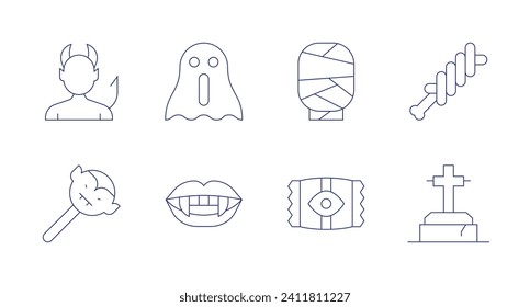 Halloween icons. Editable stroke. Containing halloween candy, horror, vampire, mummy, lollipop, grave, candy, devil.