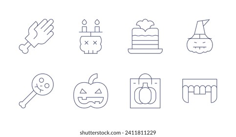 Halloween icons. Editable stroke. Containing halloween candy, halloween, skull, jack o lantern, teeth, hand, pumpkin.