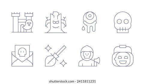 Halloween icons. Editable stroke. Containing halloween party, halloween candy, haunted, magic broom, eyeball, reaper, castle, skull.