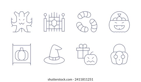 Halloween icons. Editable stroke. Containing gift box, pumpkin, haunted, banner, gate, witch hat, halloween candy, candy.